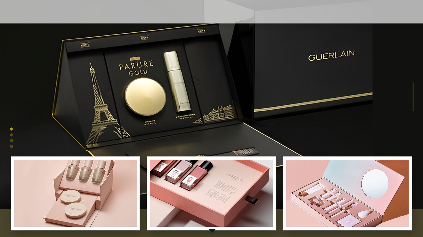 An elegant cosmetic box with gold foil stamping and an embossed logo