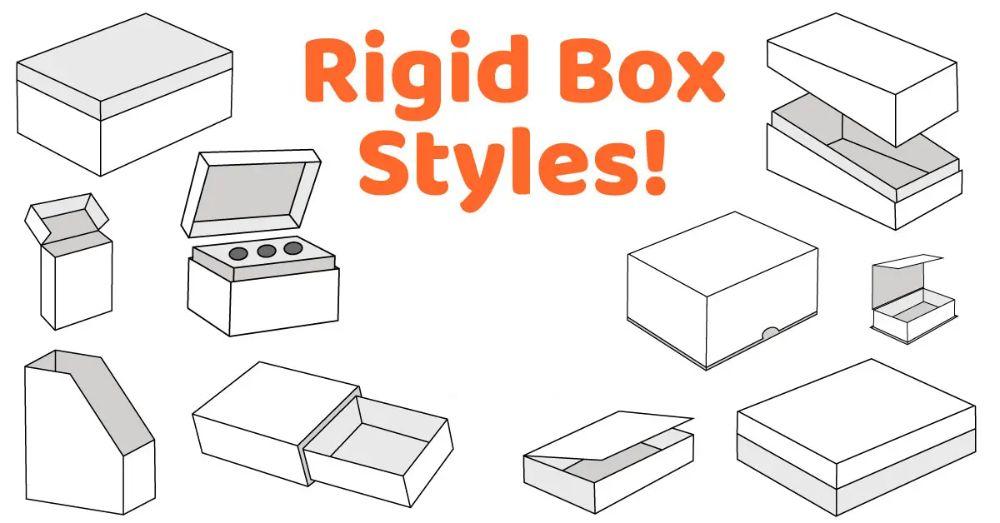 An array of different rigid box styles like book-style, drawer, and lid-and-base
