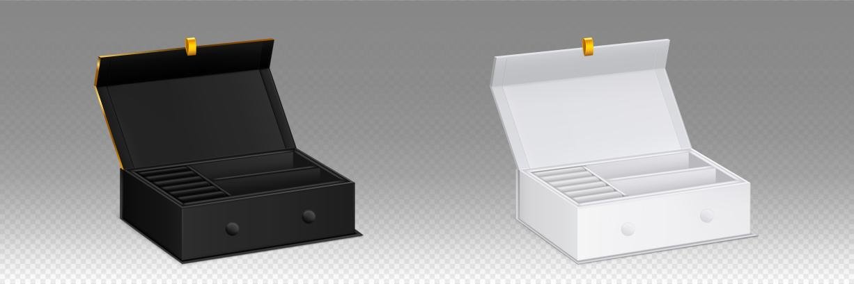 A photo of a box with internal dividers and reinforced handholes