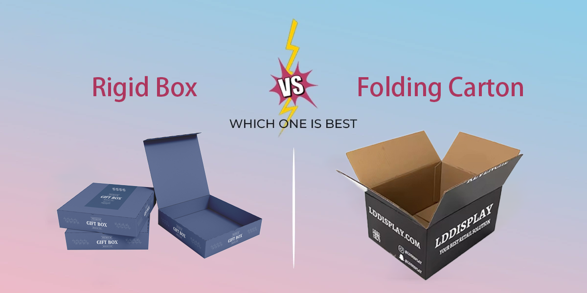 A high-end rigid box for a luxury watch placed next to a colorful folding carton for cookies