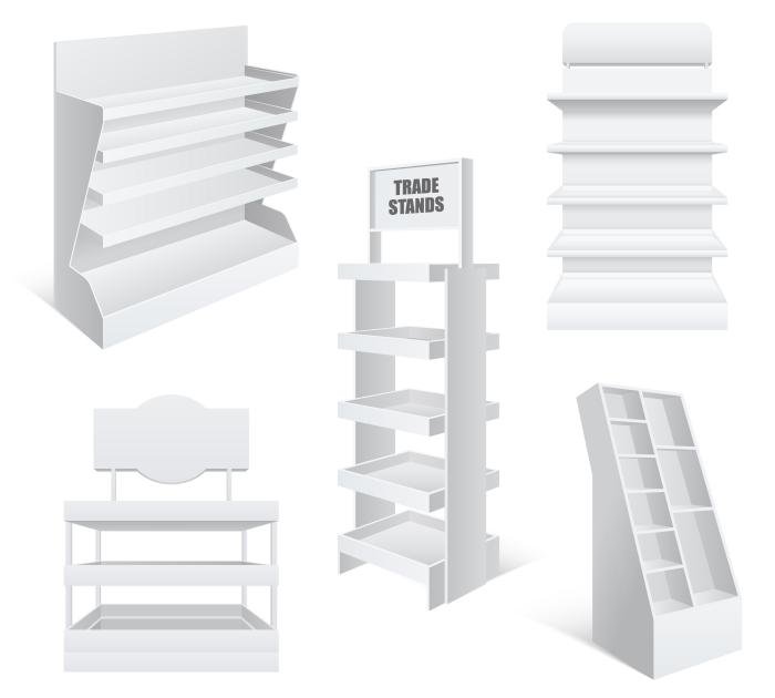 Different types of product displays, including a floor display and a counter display