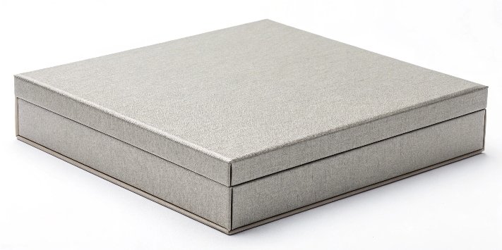 A simple, elegant grey rigid box on a white background.