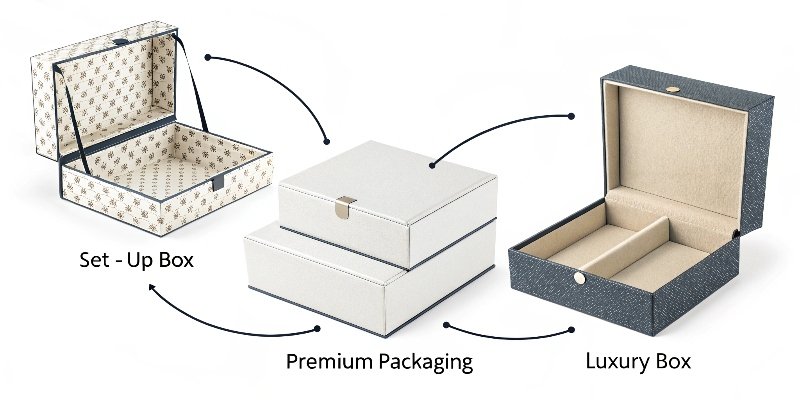A diagram showing different names for rigid boxes like '[set-up box](https://gifts-pack.com/what-are-book-style-rigid-boxes-and-how-do-they-work/)[^15]' and '[luxury box](https://gifts-pack.com/what-is-luxury-packaging-and-why-does-it-matter-for-your-brand/)[^16]'