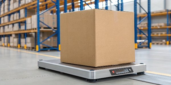 A 12x12x12 inch corrugated box on a shipping scale.