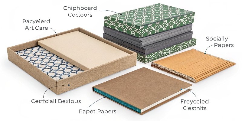 A selection of sustainable materials for book style rigid boxes
