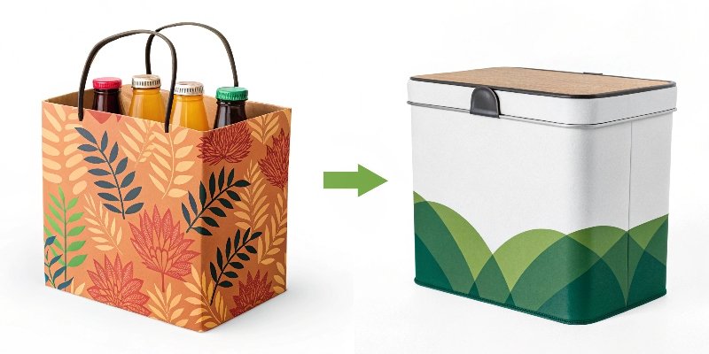 A side-by-side comparison showing a brand's old packaging next to its new, modern redesign.
