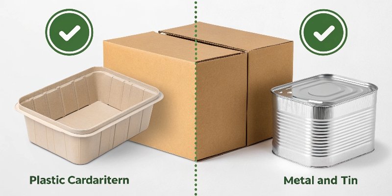 A comparison graphic showing a cardboard box, a plastic container, and a metal tin side-by-side.