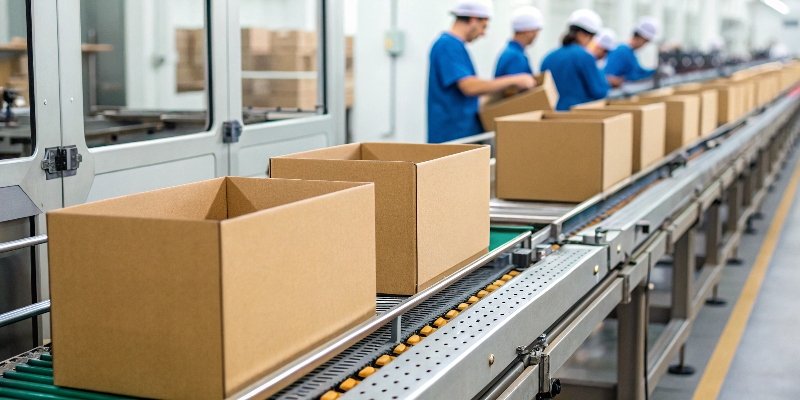 An assembly line with automated machinery folding and filling cardboard boxes.