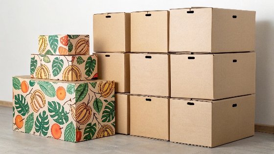 A stack of plain and printed cardboard boxes