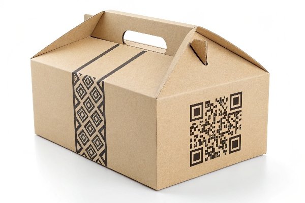 A minimalist folding carton made from recycled paperboard with a prominent QR code