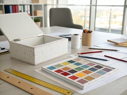 a designer's desk with color swatches and a custom-printed box prototype