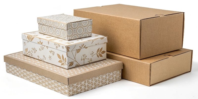 a collection of different sustainable packaging materials like kraft paper and fsc-certified paperboard