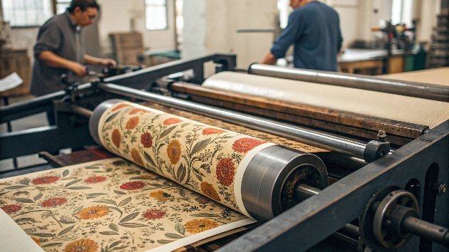 A large printing press machine running a custom box design