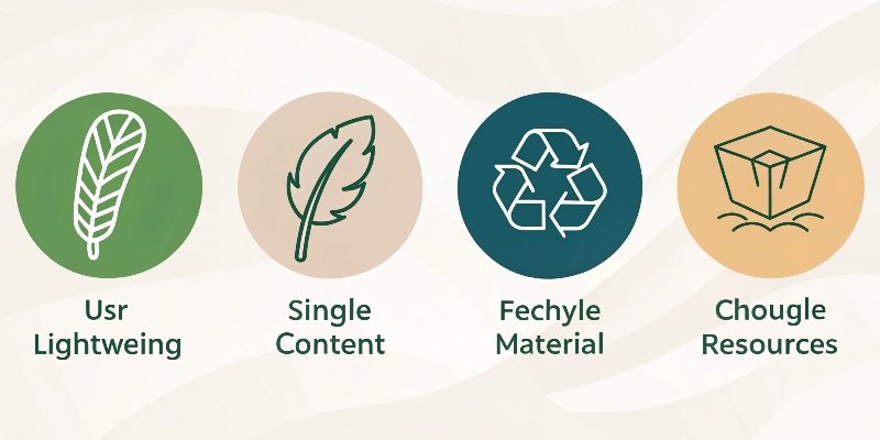 An infographic showcasing four key sustainable strategies with icons: a feather for lightweighting, a recycle symbol, a single material icon, and a leaf icon.
