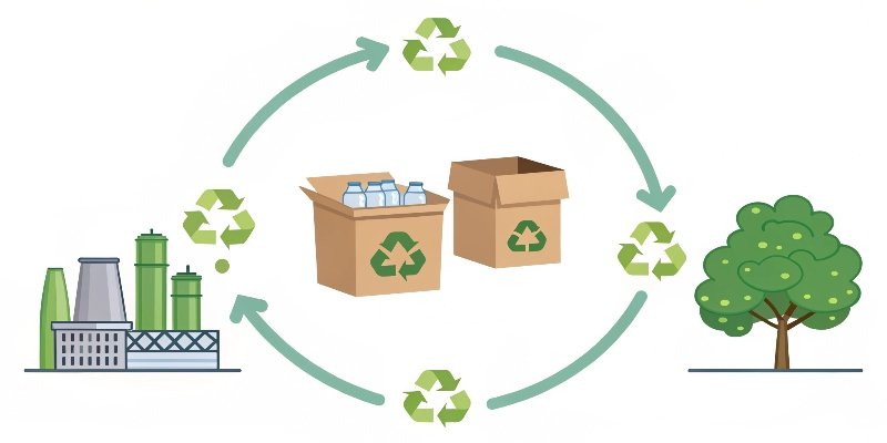 A diagram showing the circular lifecycle of sustainable packaging, from recycled materials to a recyclable box and back again.