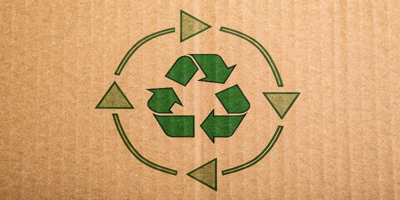 Three arrows in a circular motion, labeled Reduce, Reuse, and Recycle, on a cardboard texture background.
