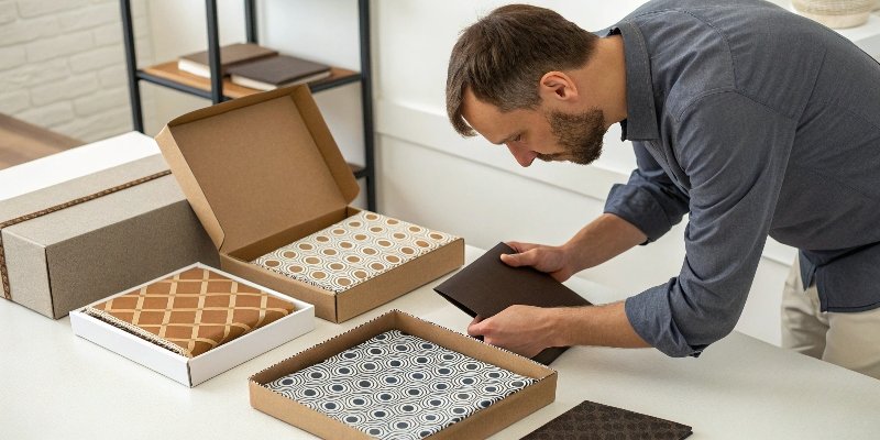 A designer looking at custom box samples for a small business project