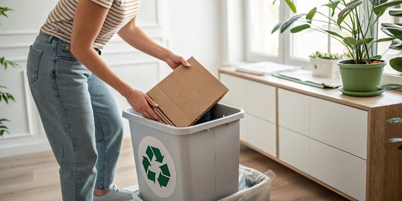 A person easily collapsing a printed cardboard box to place it into a recycling bin at home.