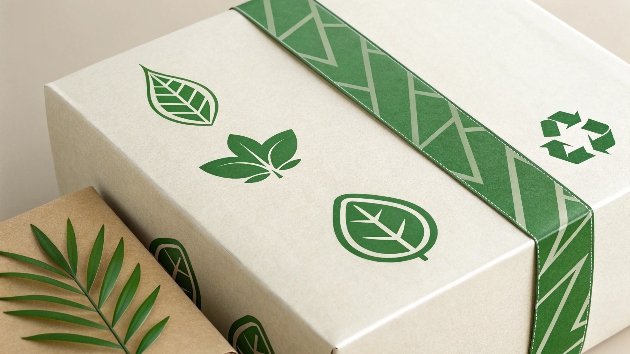 a package with green leaf logos and sustainable messaging