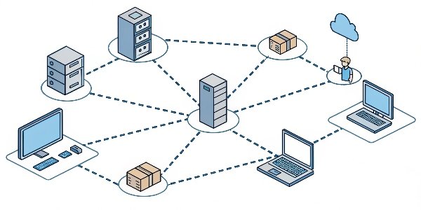 A network diagram showing a package as a node connected to servers and devices