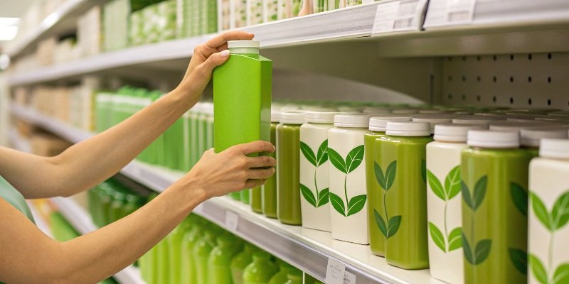 A consumer's hands choosing a product with green, eco-labeled packaging over a standard one on a store shelf.