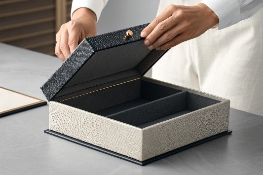 A close-up shot of a person's hands opening a luxury box with a magnetic closure.