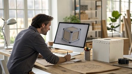 A designer at a computer working on a 3D model of a product box.