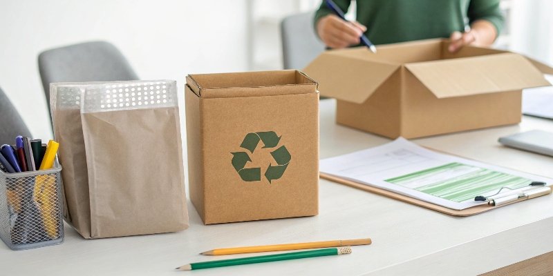 A designer comparing two packaging options with sustainability certifications.