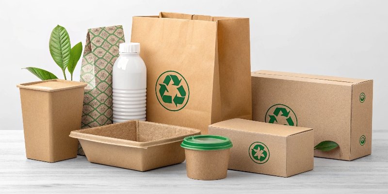A collection of different sustainable packaging materials like cardboard, paper, and compostable plastics with certification logos visible.