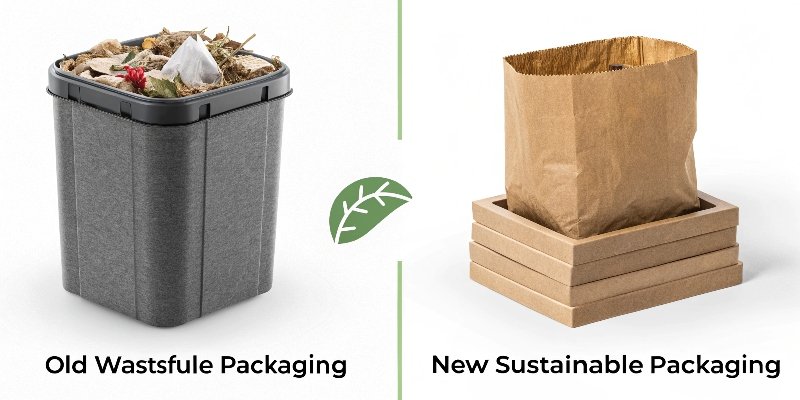 a side-by-side comparison of old wasteful packaging and new sustainable packaging