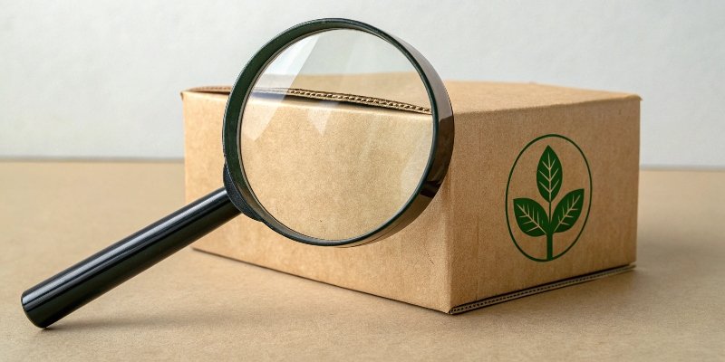 A magnifying glass examining the "eco-friendly" label on a paper box.