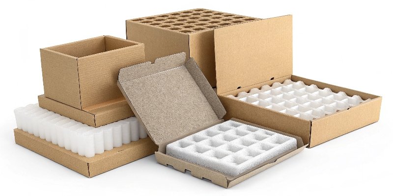 A collection of different packaging insert materials like foam, pulp, and cardboard