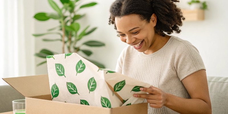 A customer happily unboxing a product in eco-friendly packaging, with green leaf icons around them.