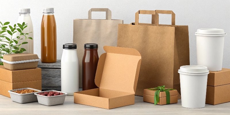 Various types of packaging like bottles, bags, and boxes