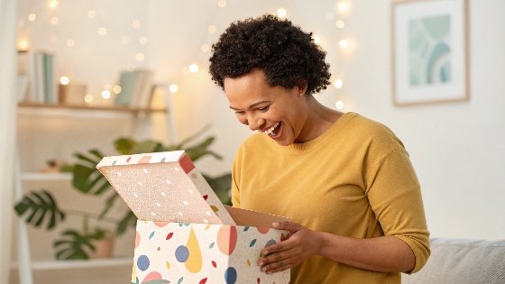 A customer happily unboxing a beautifully designed product package