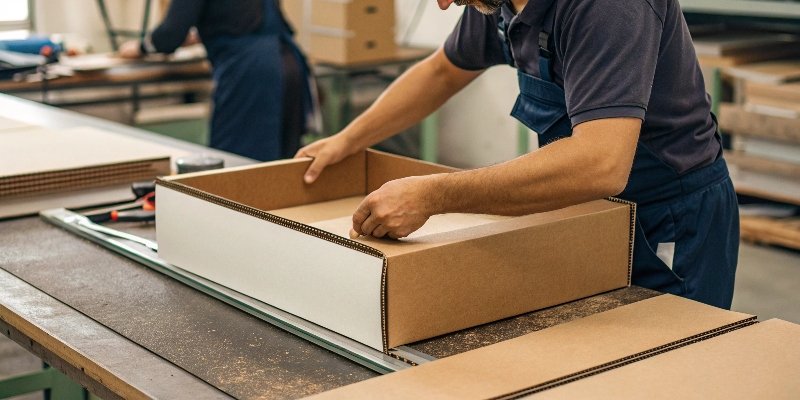 A worker assembling a rigid box by hand