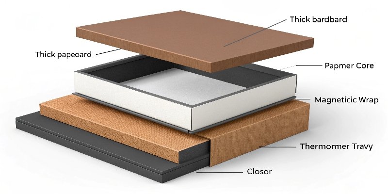 An exploded view of a rigid box showing its layers: core, wrap, magnet, and tray