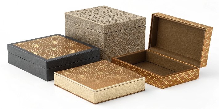 A collection of beautiful, customized rigid boxes with different finishes like foil stamping and embossing.