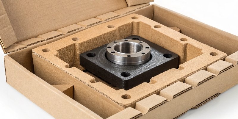 A rugged cardboard shipping insert securing an industrial part inside a box