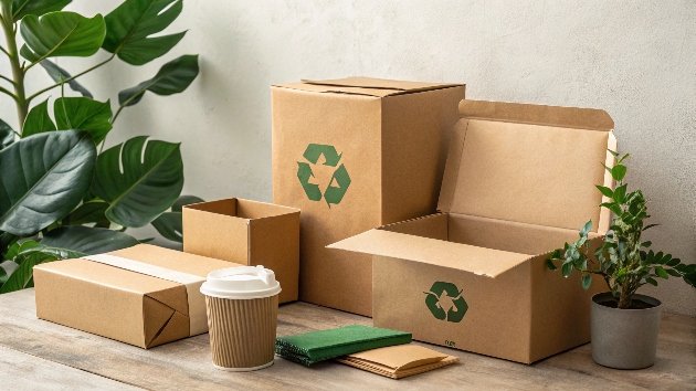 a variety of green packaging materials like cardboard boxes and compostable mailers
