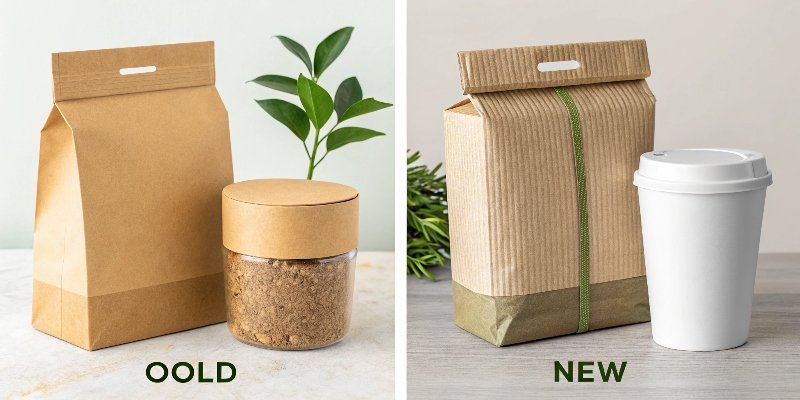 A side-by-side comparison of old, bulky packaging and new, minimalist, and sustainable packaging for the same product.