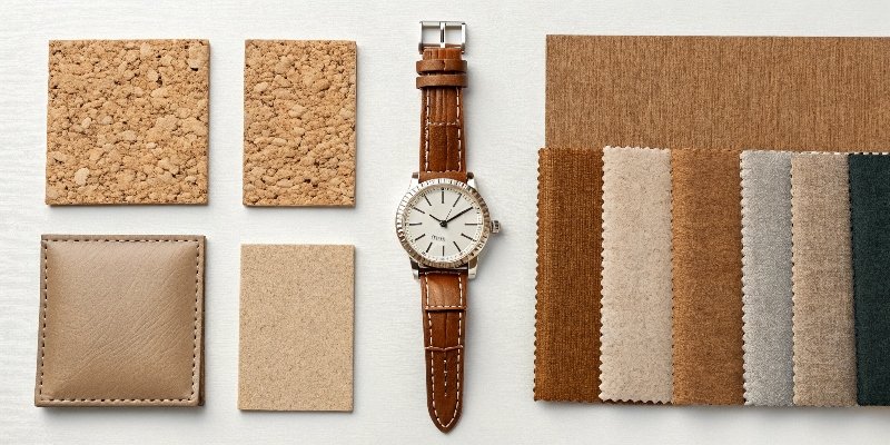 A mood board showing swatches of sustainable luxury materials like cork and recycled textiles next to a high-end watch.