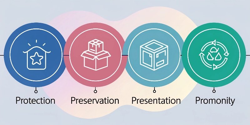 An infographic illustrating the five P's of packaging: Protection, Preservation, Presentation, Promotion, Practicality.