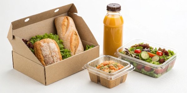 Different food types like bread, juice, and salad, each in their ideal packaging.