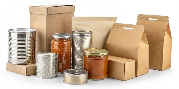 A variety of food packaging types including glass jars, metal cans, paper boxes, and flexible pouches.