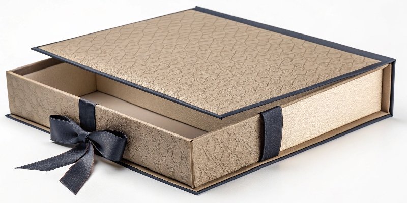 A close-up of a book style rigid box with a magnetic closure and ribbon pull