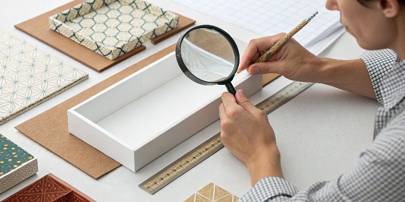 A person carefully inspecting a custom printed paper box sample.
