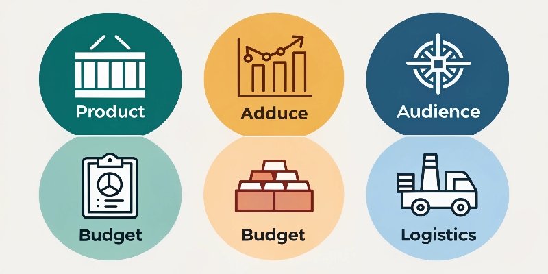 Four icons representing product, audience, budget, and logistics.