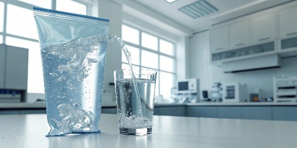 A futuristic image of a package dissolving in a glass of water, leaving no residue