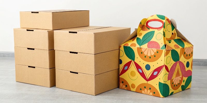 A stack of plain cardboard boxes next to a brightly printed and custom-shaped box.
